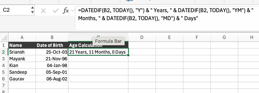 Age formula in Excel