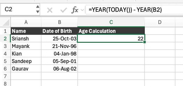 Simple Year Difference in Excel Age Formula